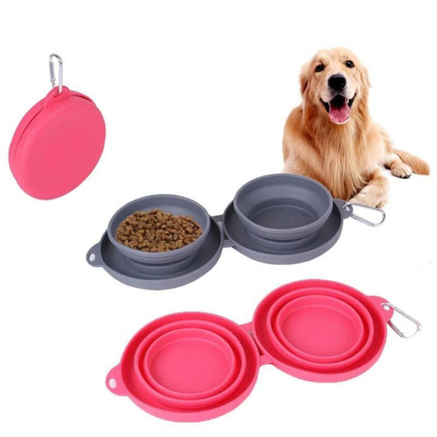 Foldable Rubber Double Pet Bowl – Portable Feeding Dish for Dogs & Cats