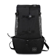 Black Double Shoulder Dog Carrier Backpack with mesh ventilation and adjustable straps. Sleek design for pet carrying on the go.