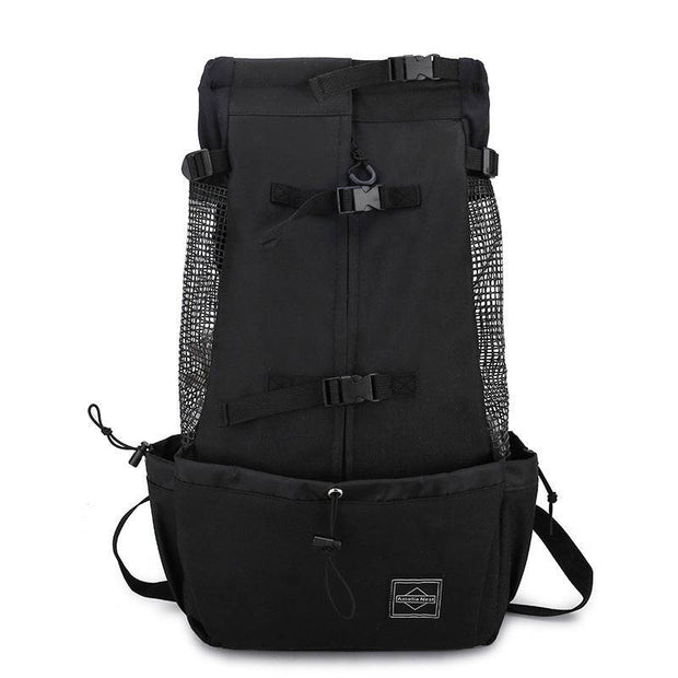 Black Double Shoulder Dog Carrier Backpack with mesh ventilation and adjustable straps. Sleek design for pet carrying on the go.