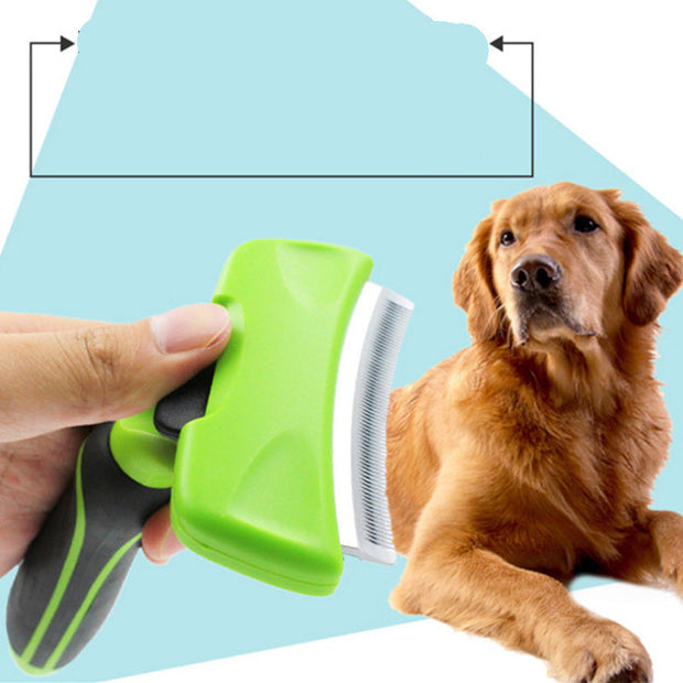 Pet deshedding comb with ergonomic handle for grooming dogs.