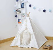 Pet teepee with grey and white striped details and decorative elements.

