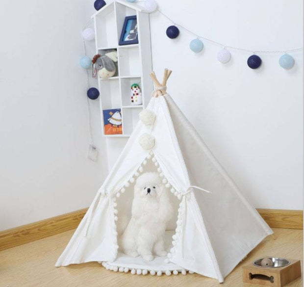 Pet teepee with grey and white striped details and decorative elements.
