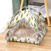 Tree print Enclosed Cat Tent Bed with side mesh panels and soft cushion, ideal for cozy indoor pet lounging.