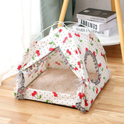 Cherry patterned Enclosed Cat Tent Bed with round mesh windows and plush interior, perfect for stylish indoor cat comfort.