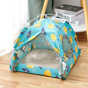 Blue lemon-themed Enclosed Cat Tent Bed with mesh windows and padded base, providing comfort and breathability for indoor cats.