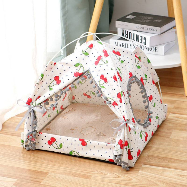 Cherry print Enclosed Cat Tent Bed with dotted fabric and soft interior, offering a stylish and private indoor space for cats.