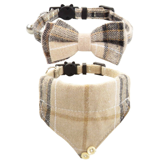 Plaid Bow Tie Cat Collar Adjustable Breakaway Bandana Collar with Scar