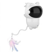 White intelligent cat laser toy with automatic random moving red dot design and feather attachment for interactive play.