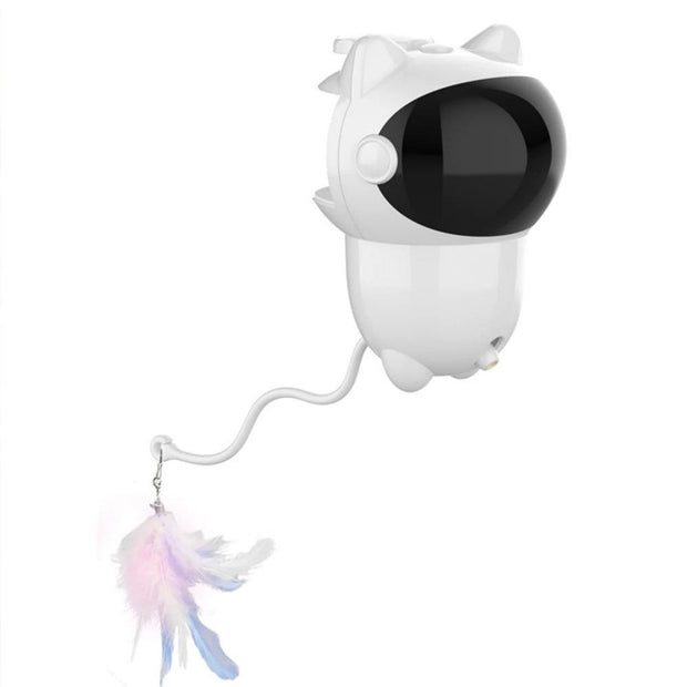 White intelligent cat laser toy with automatic random moving red dot design and feather attachment for interactive play.