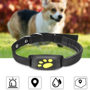 GPS Pet Tracker with paw print design on collar, featuring icons for alarm, location, waterproof, and fence.