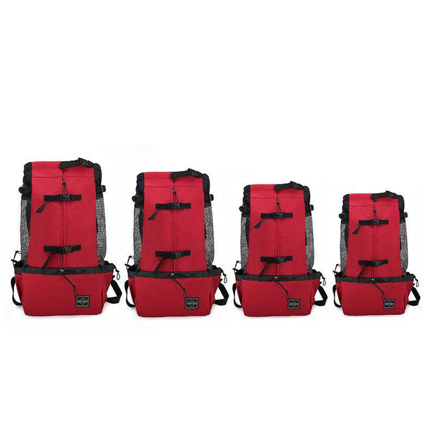 Four sizes of red Double Shoulder Dog Carrier Backpacks displayed side by side. Designed for various dog sizes, ideal for travel and portability.