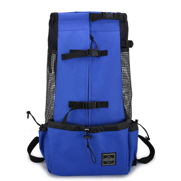 Blue Double Shoulder Dog Carrier Backpack with mesh sides and adjustable straps. Designed for pet comfort and convenience during travel.