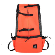 Orange Double Shoulder Dog Carrier Backpack with black mesh sides and secure straps. Stylish and functional for pet transportation.