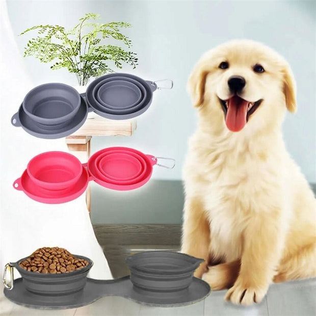 Foldable Rubber Double Pet Bowl – Portable Feeding Dish for Dogs & Cats