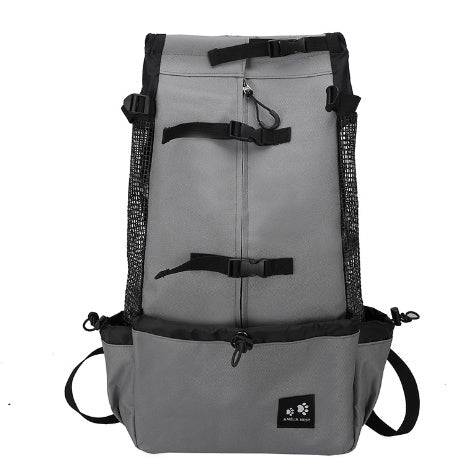 Gray Double Shoulder Dog Carrier Backpack with black mesh sides and adjustable buckles. Ideal for carrying pets during travel or hiking.