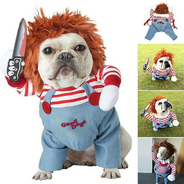 Halloween pet costume with red striped shirt, blue overalls, wig, and foam knife accessory for dogs