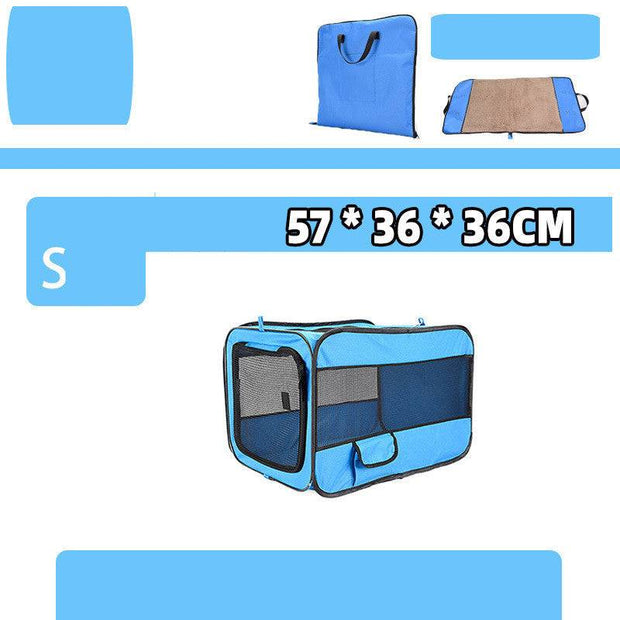 Small blue folding pet travel carrier with 57x36x36cm dimensions, includes foldable design and soft mat.
