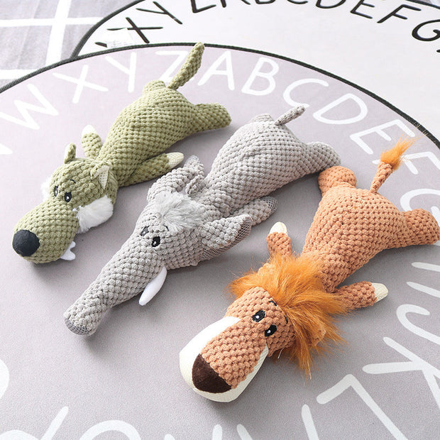 Plush cartoon puppy dog toy for small dogs with chew and squeak features.