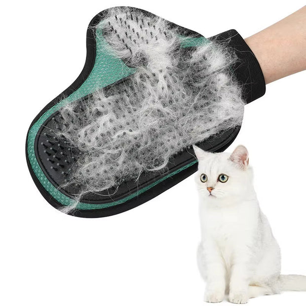 Cat hair removal glove for grooming and massage, featuring silicone tips with shedding hair, and adjustable wristband.