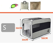 Gray folding pet travel carrier in size S with dimensions 58x36x36cm, includes accessories like bowl and mat.