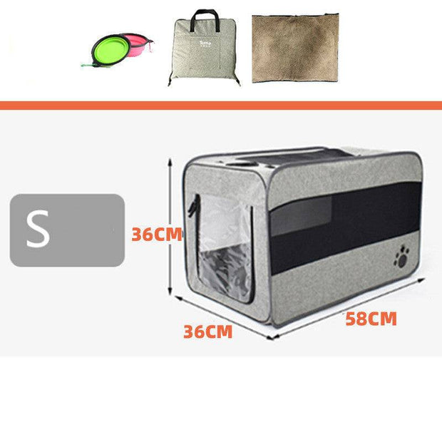 Gray folding pet travel carrier in size S with dimensions 58x36x36cm, includes accessories like bowl and mat.