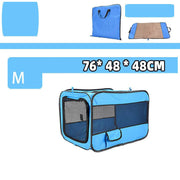 Medium blue folding pet carrier bag with 76x48x48cm size, mesh windows and portable design for travel convenience.