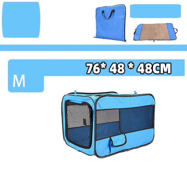 Medium blue folding pet carrier bag with 76x48x48cm size, mesh windows and portable design for travel convenience.