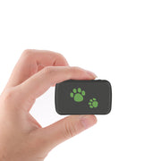 Pet PVC Material GPS Tracker in hand, featuring a compact design and paw print icon for anti-lost functionality.
