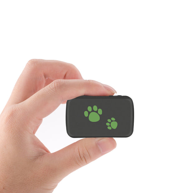 Pet PVC Material GPS Tracker in hand, featuring a compact design and paw print icon for anti-lost functionality.