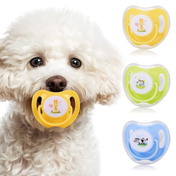 Dog and kitten pacifiers in yellow, green, and blue, with a fluffy white puppy holding one.