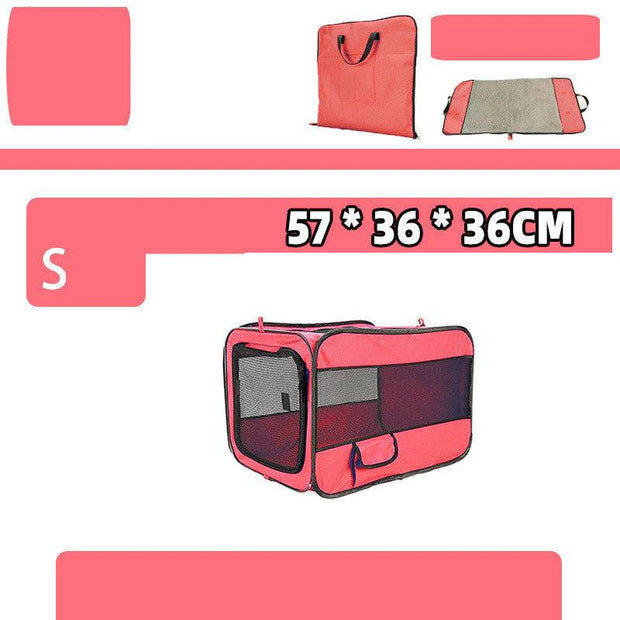 Small red folding pet travel carrier with 57x36x36cm dimensions, breathable mesh and compact foldable design.